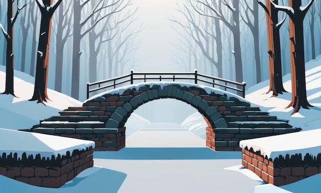 Backsteinmauer im Winterwald Vektorhintergrund gefrorener Garten mit Steinviadukt oder Brücke