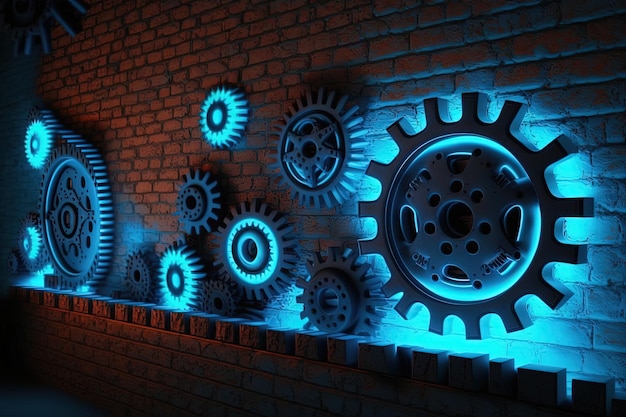 Backsteinmauer mit Zahnrädern und blauem Neonlicht Generative KI