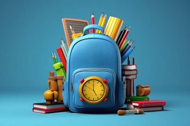 BacktoSchool Bliss Niños con mochilas manzanas y libros en fondo azul claro IA generativa