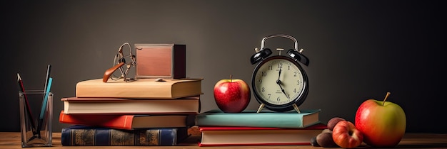 Backtoschool fundo empilhado pilha de livros despertador Apple lápis pronto para fazer anotações simbolizando a excitação e prontidão para a jornada acadêmica à frente