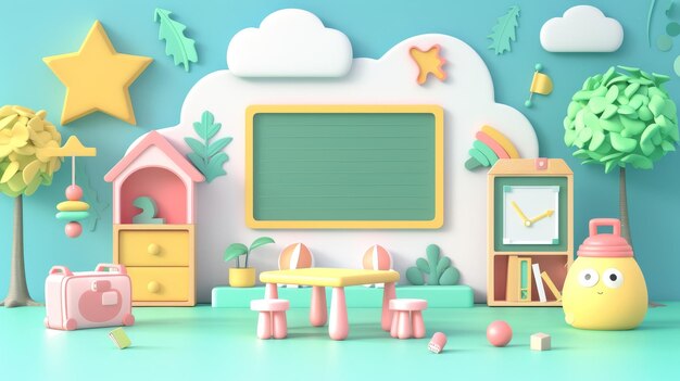 Backtoschool jardín de infantes concepto de educación en línea pizarra niño mesa silla mesa silla aprendizaje en el teléfono móvil sitio web fondo 3D ilustración moderna