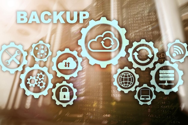 Backup System Recovery Technology Concept auf modernem Serverraumhintergrund