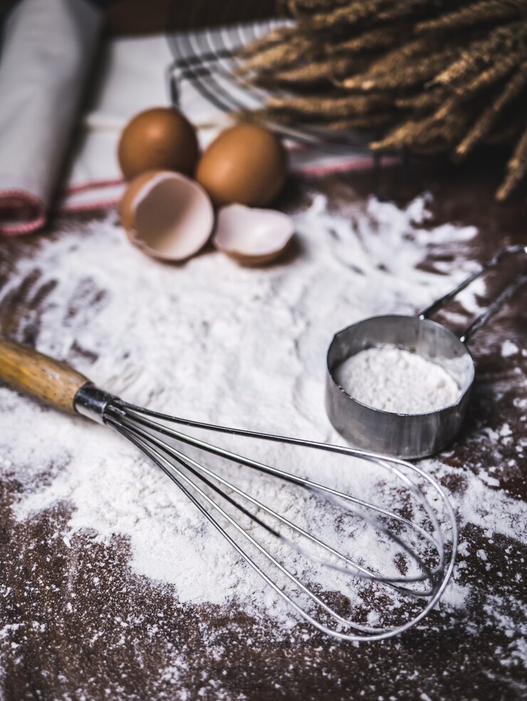 Foto backzubehör bäckerei mit mehl und schneebesen.