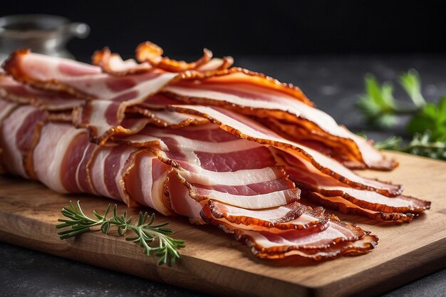 Foto bacon ahumado en rodajas en la tabla de cortar