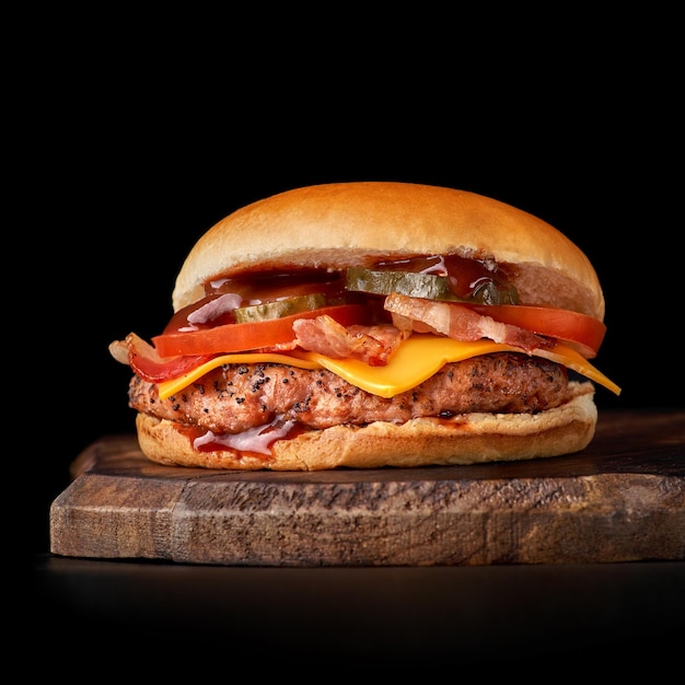 Bacon Burger Tomate auf Holzbrett isoliert auf dunklem Hintergrund