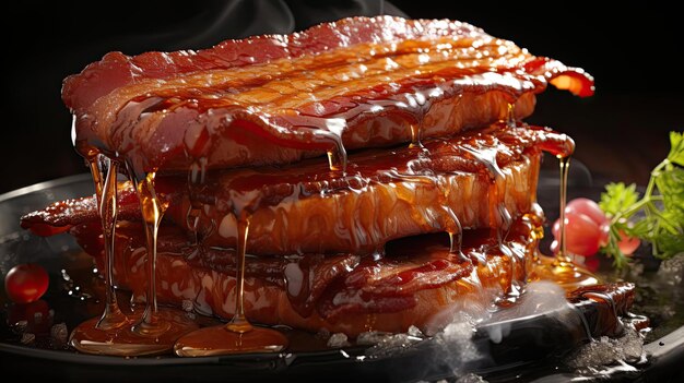 Bacon com molho derretido na mesa com fundo preto e desfocado