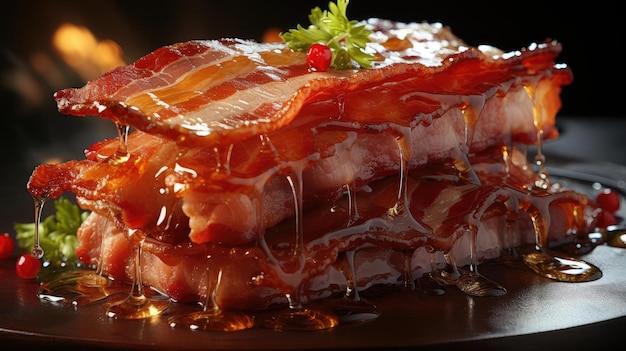 bacon com molho derretido na mesa com fundo preto e desfoque