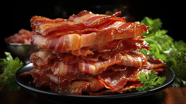 bacon com molho derretido na mesa com fundo preto e desfoque