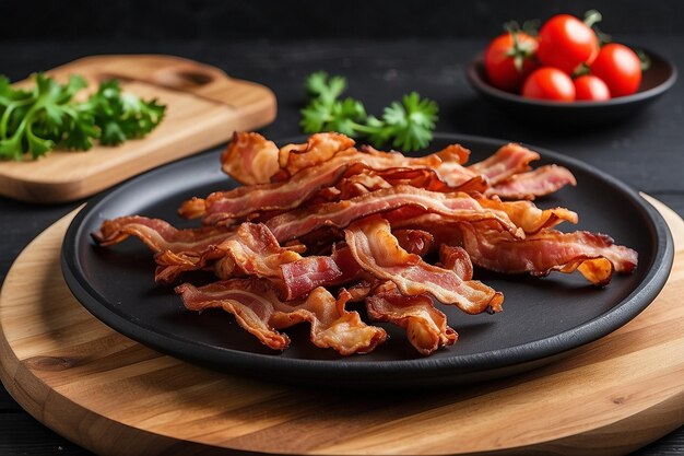 Foto bacon frito en un plato negro y una tabla de cortar de madera