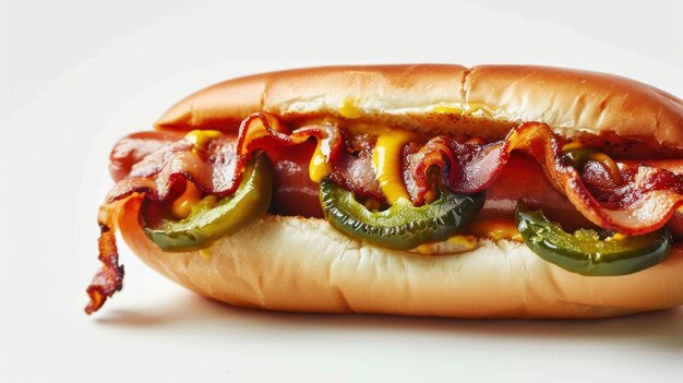 Bacon gewickeltes Jalapeno-Hotdog auf weißem Hintergrund