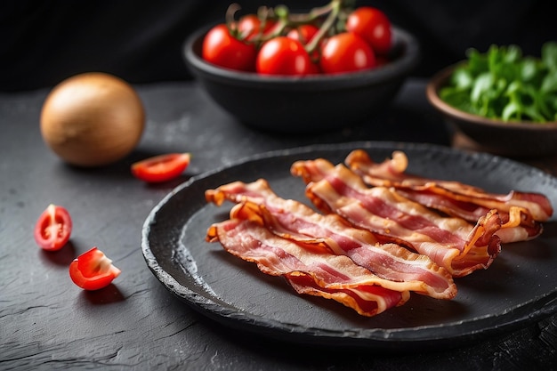 Foto bacon en un plato de piedra negra
