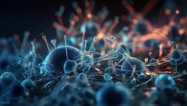 Bacteria azul magnificada que revela la estructura molecular Investigación del cáncer generada por IA