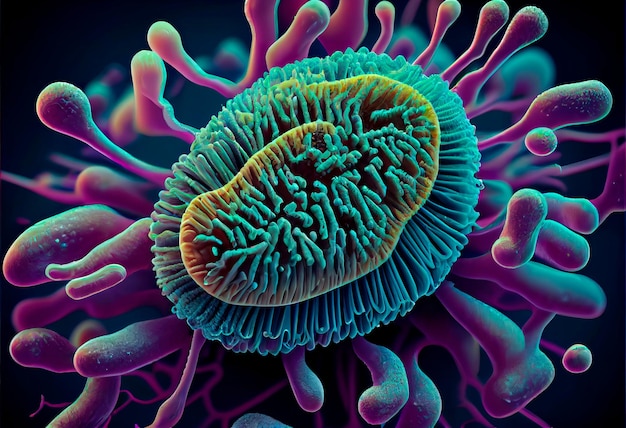 Bactéria sob um microscópio mostrando seus detalhes e estrutura