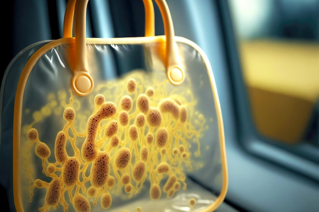 Bacterias en el asa de plástico del bolso en la cabina del autobús ai generativa