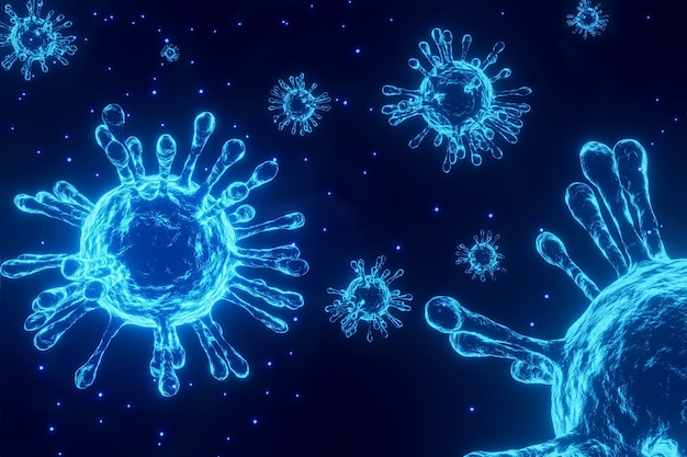 Bacterias de células de virus azul en 3D, concepto médico y científico