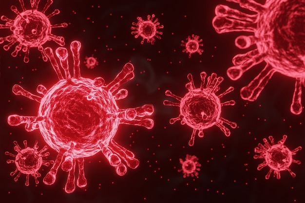 Bacterias de células de virus rojos en 3D, concepto médico y científico