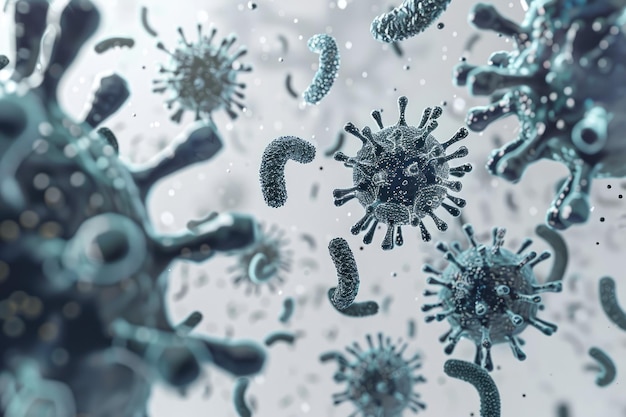 Bactérias e vírus cinzentos em fundo cinzento claro Conceito de ciência e medicina
