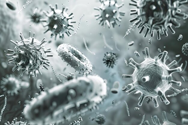 Bactérias e vírus cinzentos em fundo cinzento claro Conceito de ciência e medicina