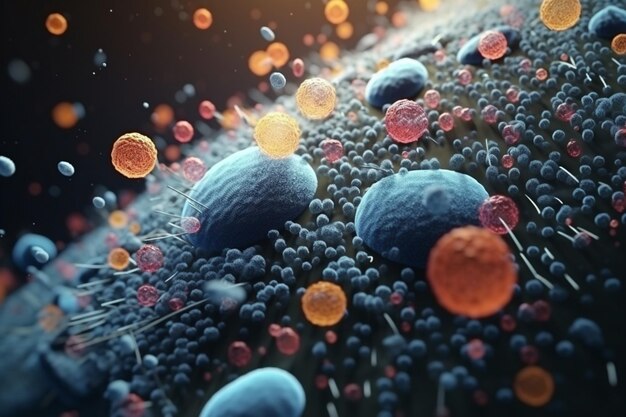 Bactérias microscópicas vistas de perto em um cenário de biologia e ciência