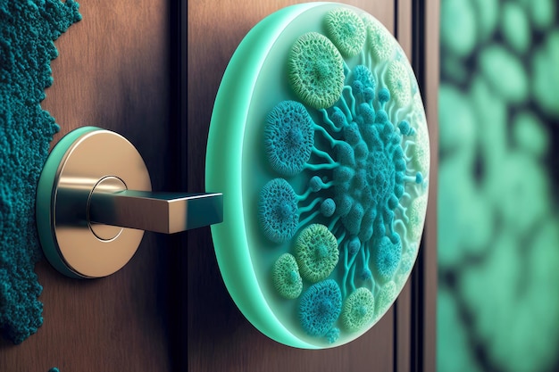 Bacterias verdes y azules claras redondas en el ai generativo de la manija de la puerta