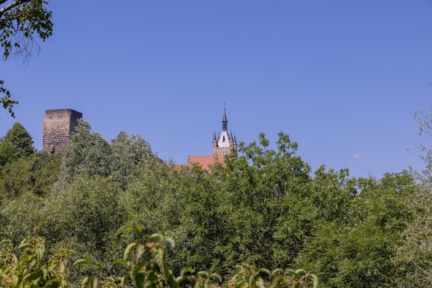 Foto bad wimpfen con vista a la antigua iglesia y la histórica muralla de la ciudad sobre el río neckar