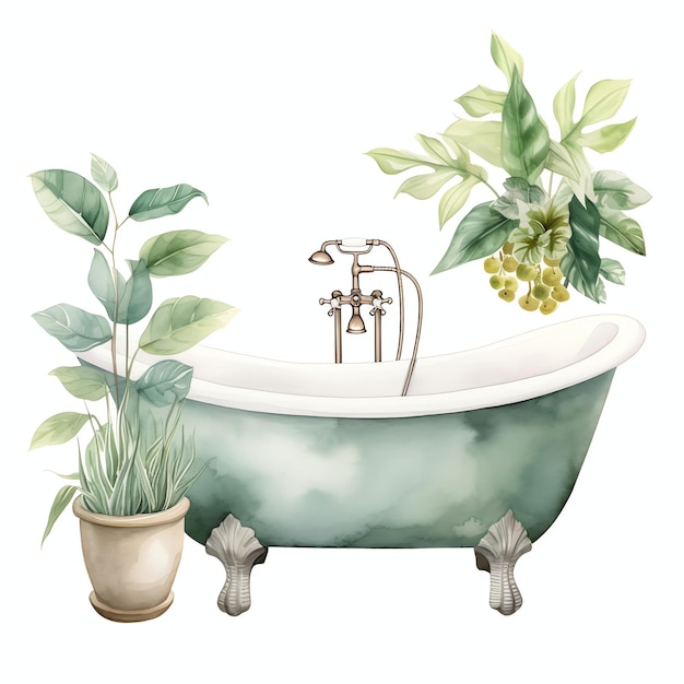 Badewanne, einfaches Lebensaccessoire für Frühlings- oder Sommertage in neutraler grüner botanischer Blätterästhetik