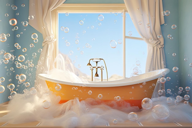 Badewanne mit Schaum und mehreren Seifenblasen im Badezimmer Generative KI