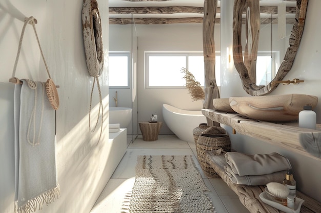 Foto badezimmer eines küstenhauses mit treibholzspiegeln