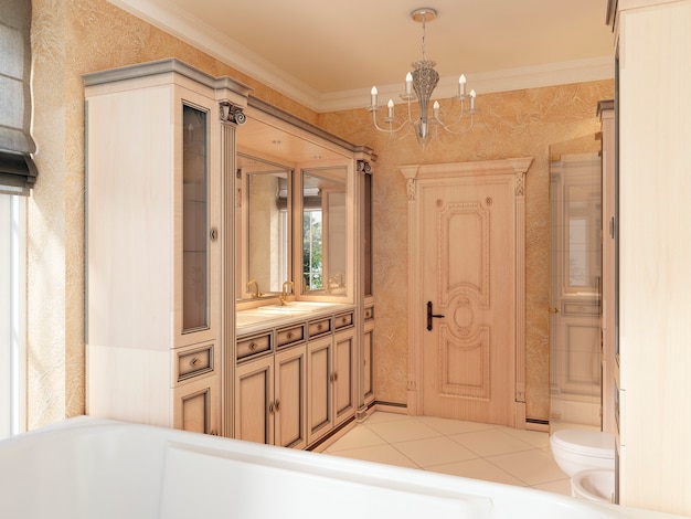 Badezimmer im klassischen Stil mit großem Fenster und Badezimmermöbeln aus Holz. Badezimmer in Gelb- und Orangetönen. 3D-Rendering.