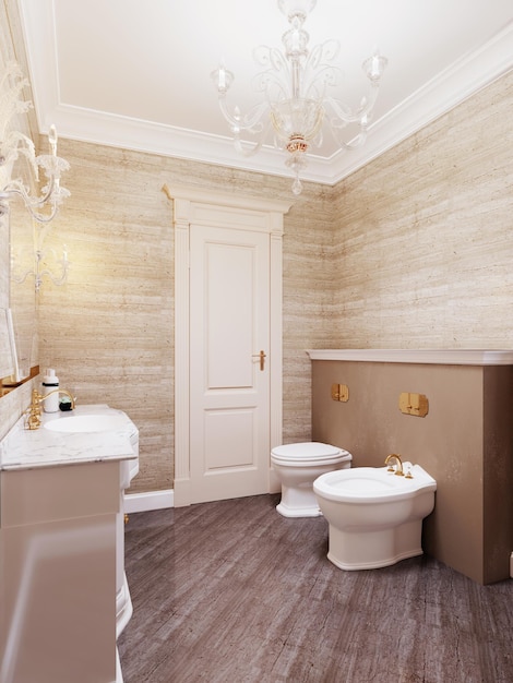 Badezimmer im klassischen Stil mit Toilette und Bidet in Beige und Gelb. 3D-Rendering.