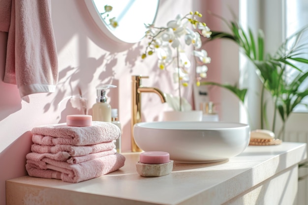 Badezimmer mit pastellrosa Wänden und einem Stapel Handtücher. Frühlingskonzept Generative KI