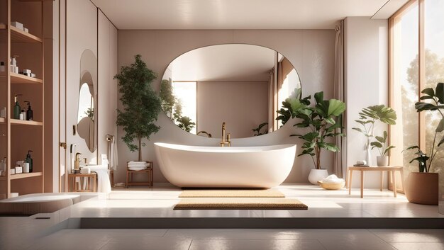 Badezimmer mit Waschbecken, Spiegel und Badewanne, digitales Rendering von Hendrik van Steenwijk I auf Shutterstock