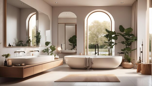 Badezimmer mit Waschbecken, Spiegel und Badewanne, digitales Rendering von Hendrik van Steenwijk I auf Shutterstock