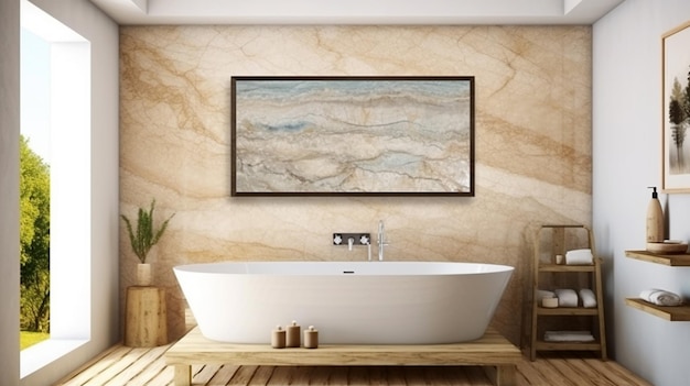 Badezimmerdesign mit einer Badewanne in der Mitte im minimalistischen Stil Generated AI