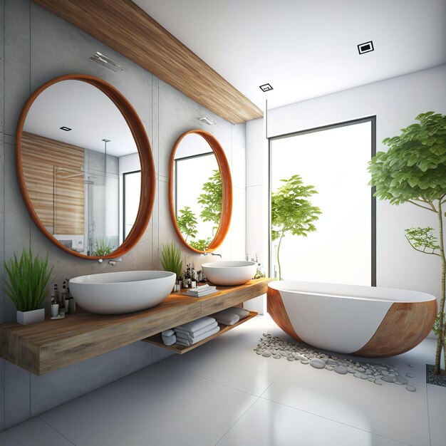Badezimmereinrichtung im nordischen skandinavischen und minimalistischen Stil mit generativen ai Holzdetails