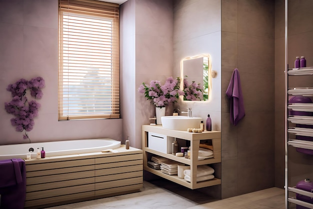 Badezimmergestaltung Das Badezimmer ist mit lila Fliesen ausgekleidet