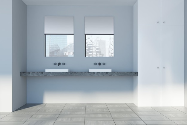 Badezimmerinnenraum aus Holz mit einem Doppelwaschbecken auf einem langen weißen Regal und einem darüber hängenden langen horizontalen Spiegel. Ein Schrank in der Ecke. 3D-Rendering-Attrappe