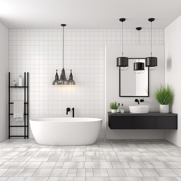 Badezimmerinnenraum mit einer weißen Badewanne, einem schwarzen Waschbecken und einem Spiegel