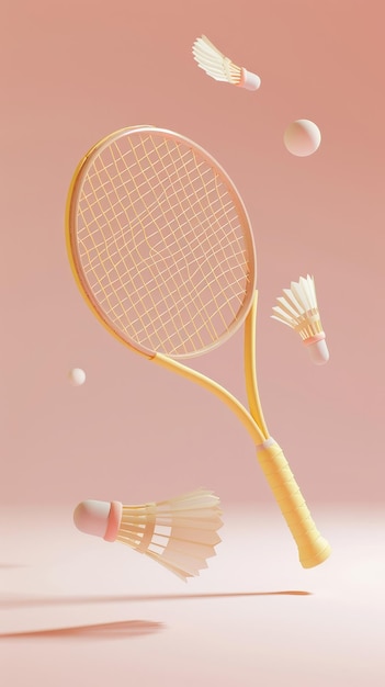 Badminton Birdie und Schläger levitieren 3D-Stil isolierte fliegende Objekte Memphis-Stil 3D-Rendering KI-generierte Illustration