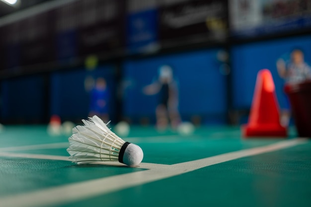 Badminton-Federball auf grünem Boden xA