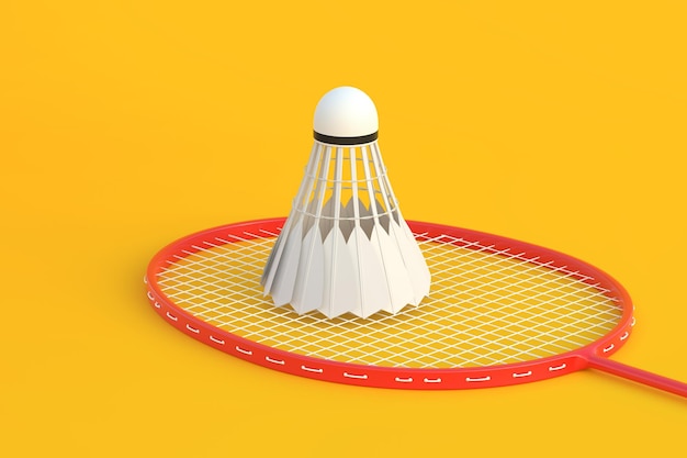 Badmintonschläger und Federball auf gelbem Hintergrund 3D-Renderdarstellung