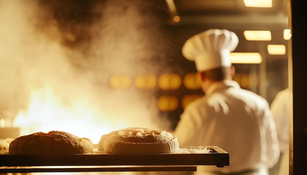 Bäcker backen frisches Brot und Gebäck in der Altstadtbäckerei Morgens warme, frisch gebackene Produkte in Regalen und im Ofen Kleingewerbe und Lebensmittelproduktion Generative Ai