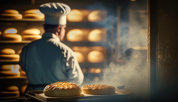 Bäcker backen frisches Brot und Gebäck in der Altstadtbäckerei Morgens warme, frisch gebackene Produkte in Regalen und im Ofen Kleingewerbe und Lebensmittelproduktion Generative Ai