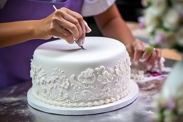 Bäcker, der auf einem Hochzeitskuchen komplizierte Spitzenmuster anlegt