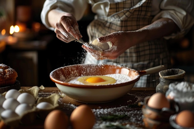 Bäcker, der Eier knackt, kocht