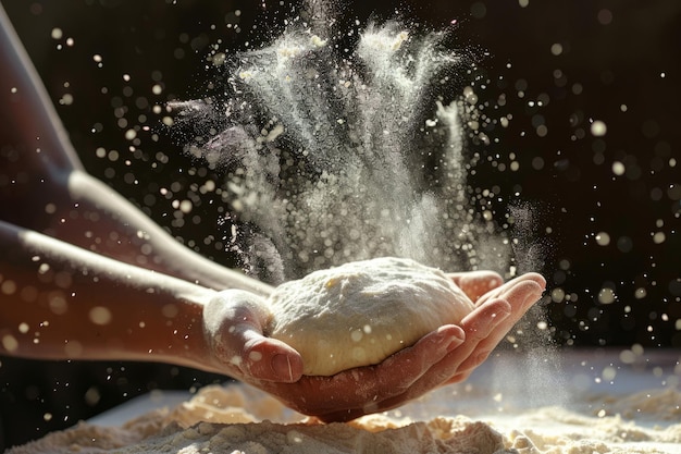 Foto bäcker, die den teig mit der hand kneten, die das brot mit der hand machen, generative ki