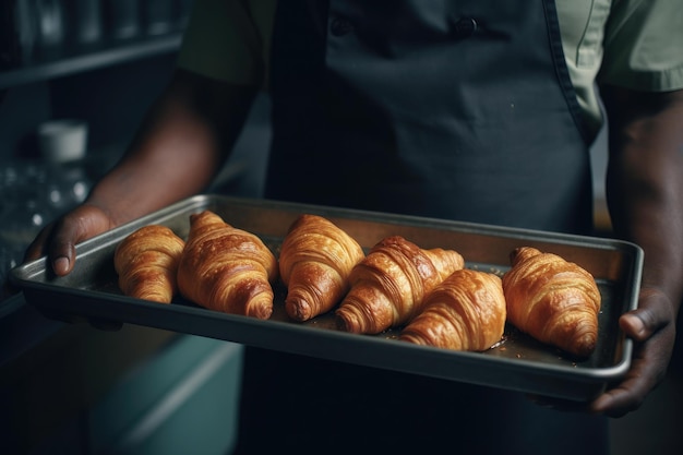 Bäcker hält ein Metalltablett voller frischer Croissants, beleuchtet mit einem schönen Licht aus dem Fenster Ai generative