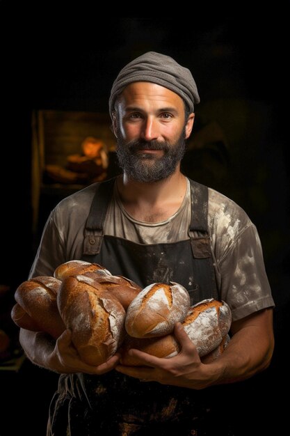 Foto bäcker hält ein tablett mit broten im inneren einer bäckerei