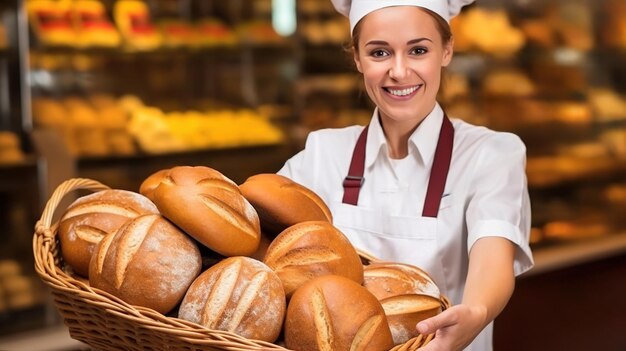 Foto bäcker in der bäckerei mit einem korb voller brot