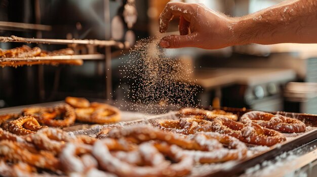 Bäcker spritzt Sesamkörner über eine Platte mit Kekse, bevor sie in den Ofen gehen, um zu backen